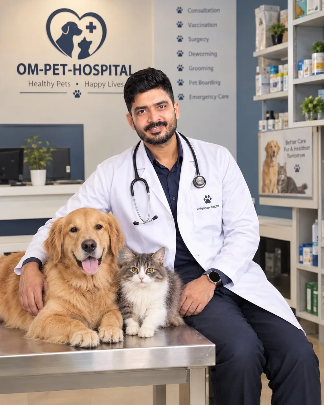 Veterinary doctor with a golden retriever and cat at Om Pet Hospital
